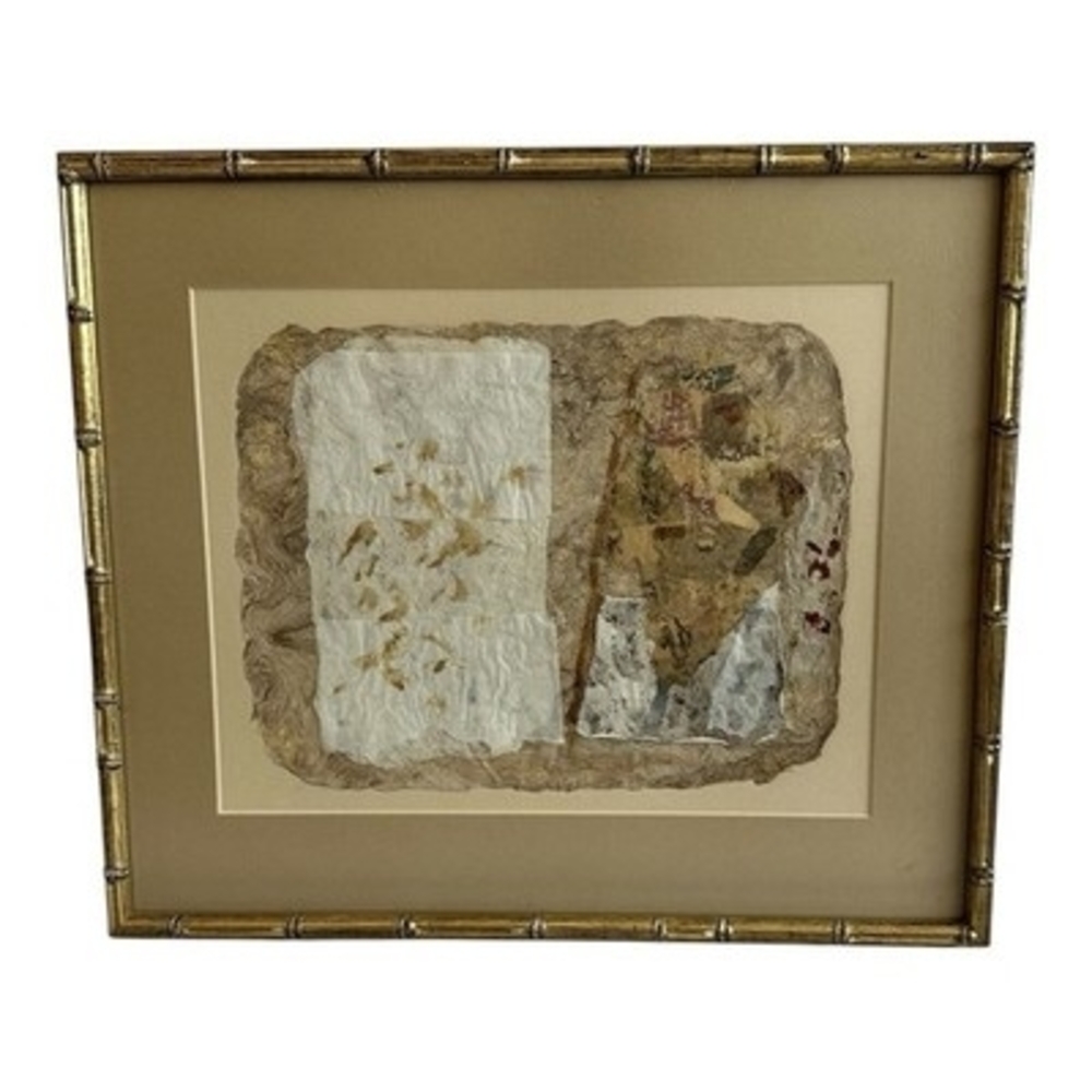 Original Mixed Media Abstract Art Collage Painting Multicolor Bamboo Frame Art